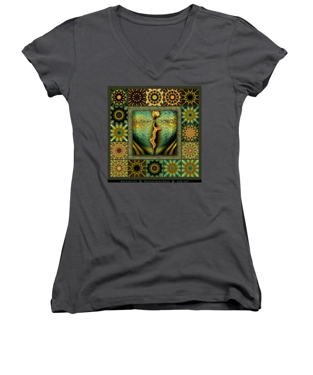Green Women's V-Neck featuring the digital art Decaying Moon Redux by Ann Stretton