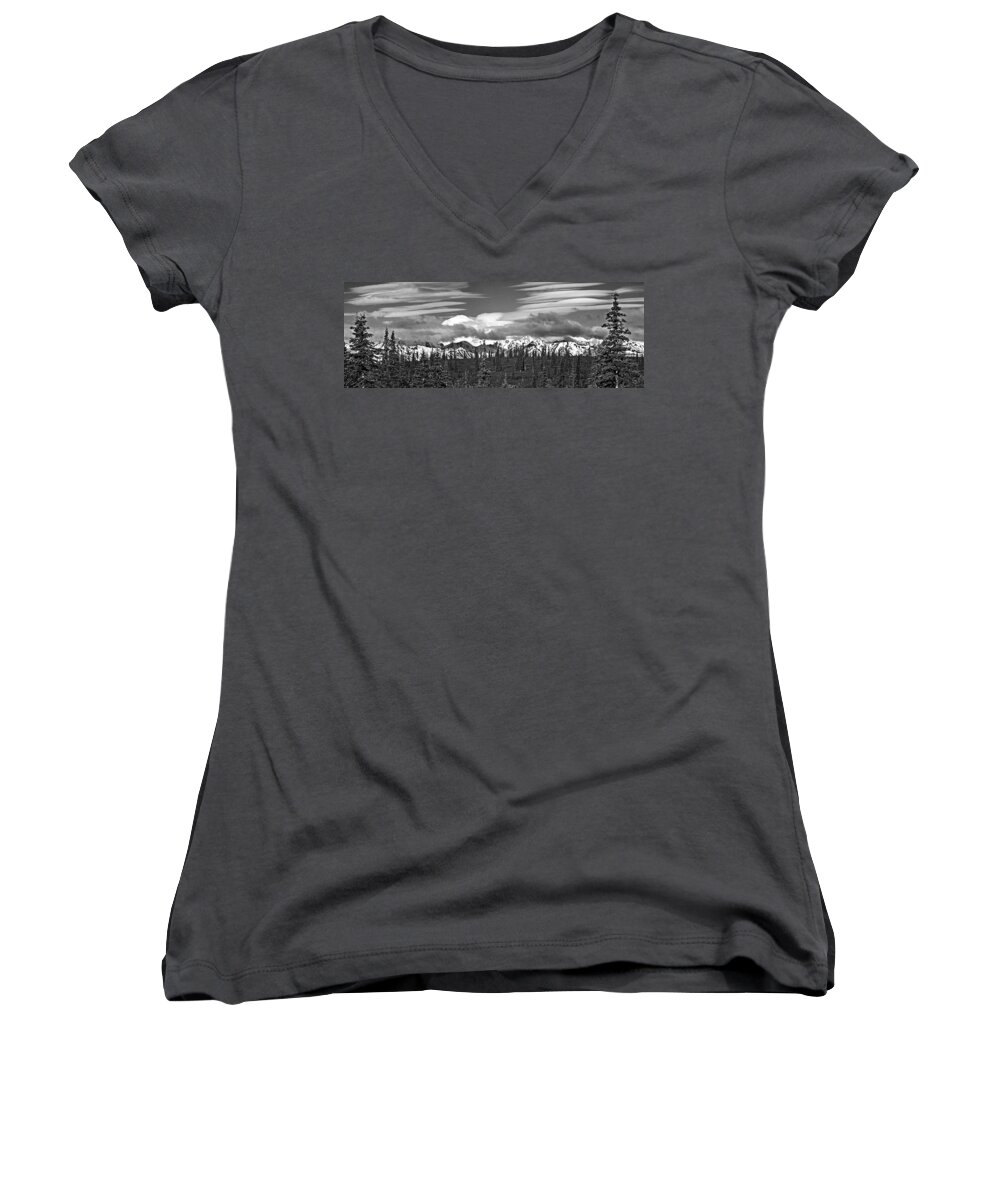 Denali Women's V-Neck featuring the photograph Denali in Clouds by Angie Schutt