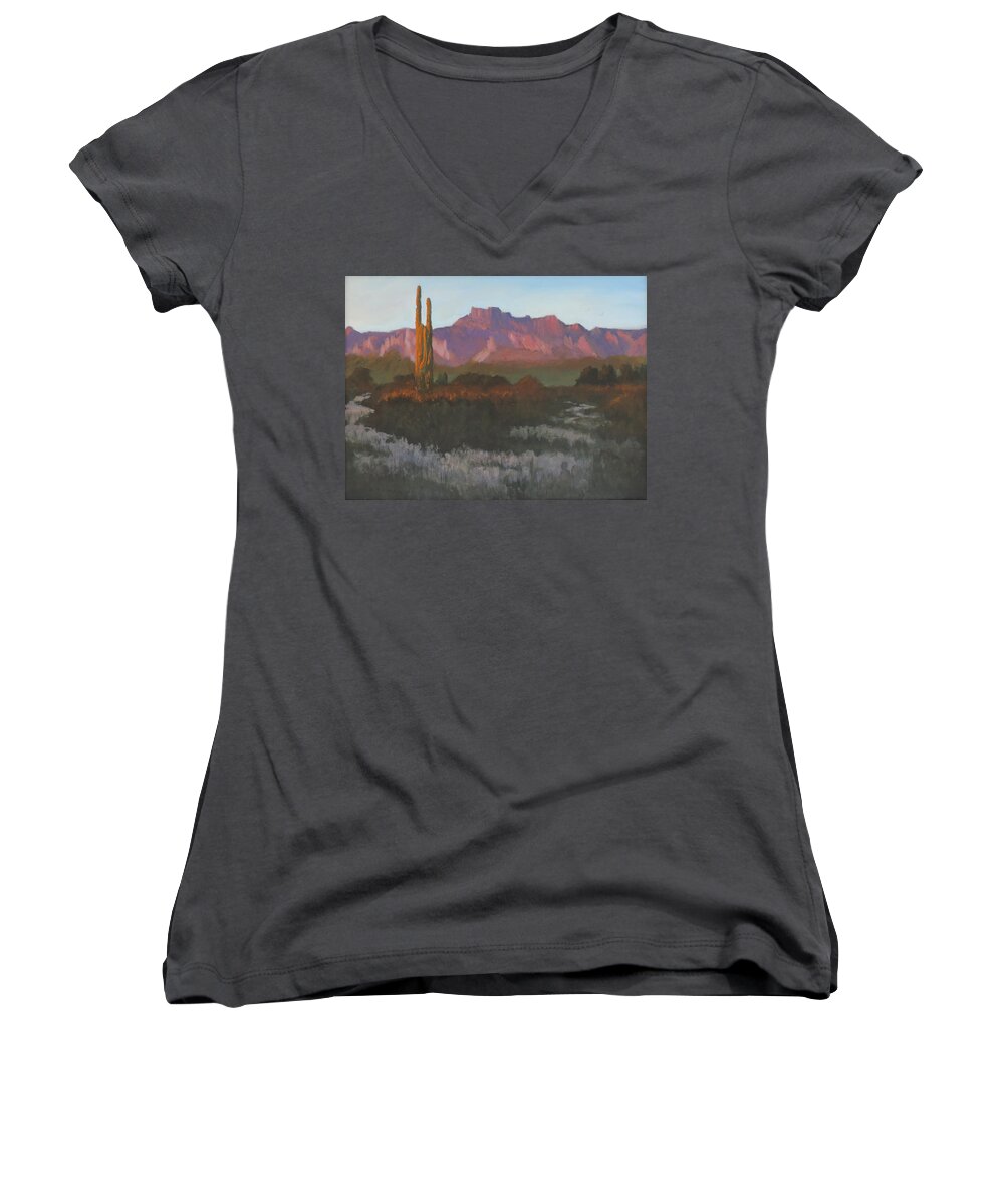 Arizona Women's V-Neck featuring the painting Desert Sunset Glow by Bill Tomsa