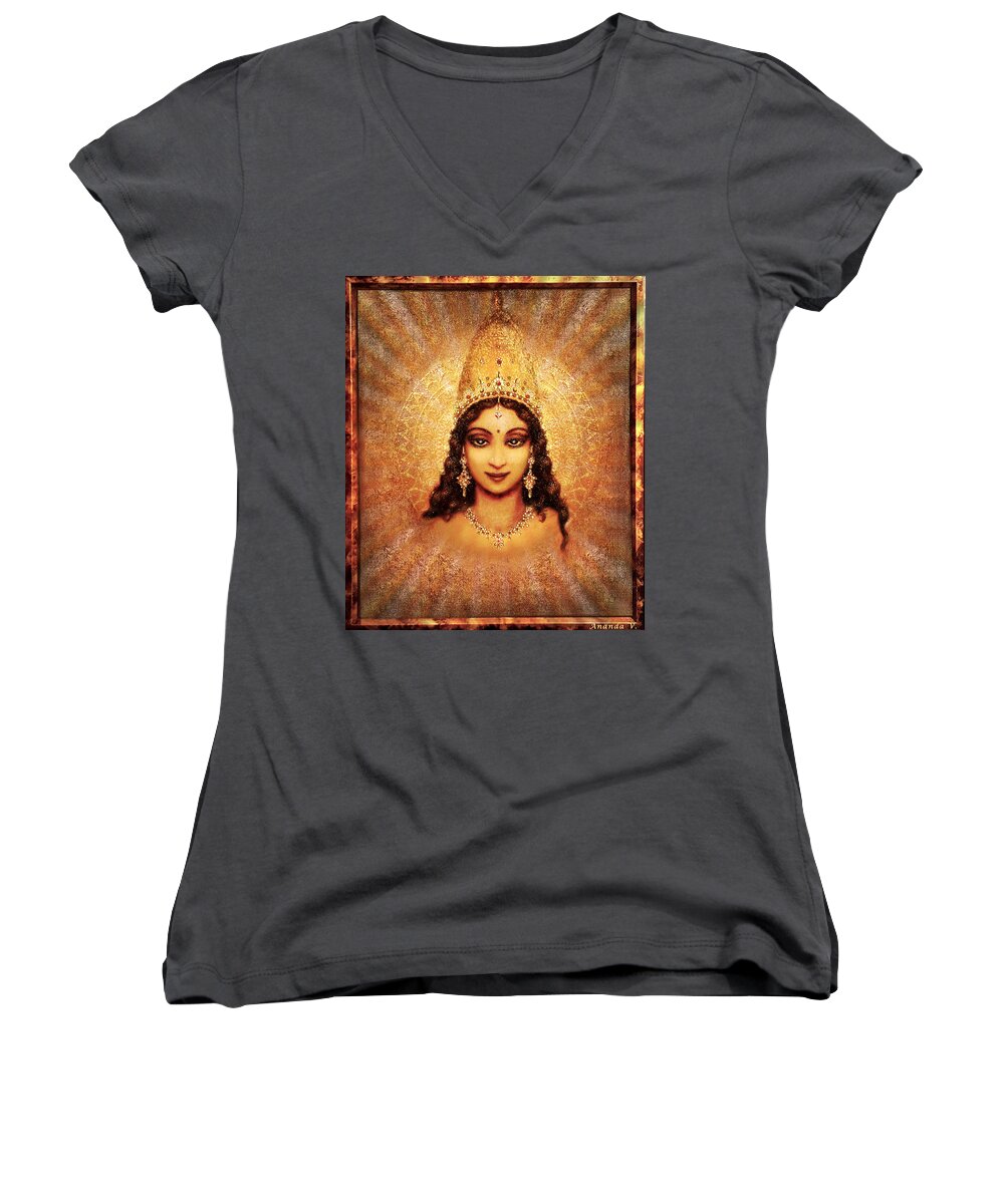 Goddess Painting Women's V-Neck featuring the mixed media Devi Darshan by Ananda Vdovic