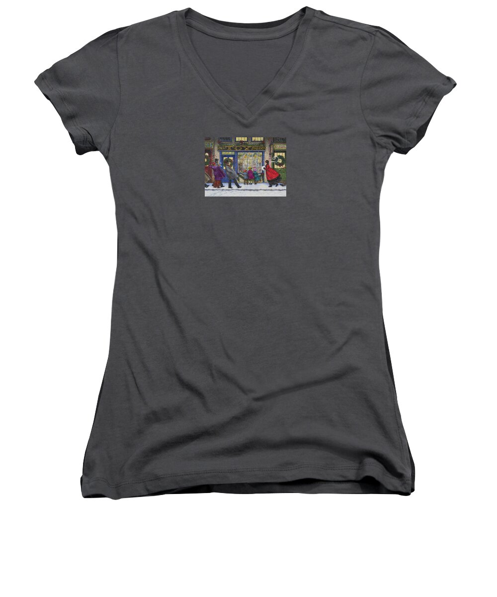 Christmas Women's V-Neck featuring the painting The Toy Shop by Lynn Bywaters