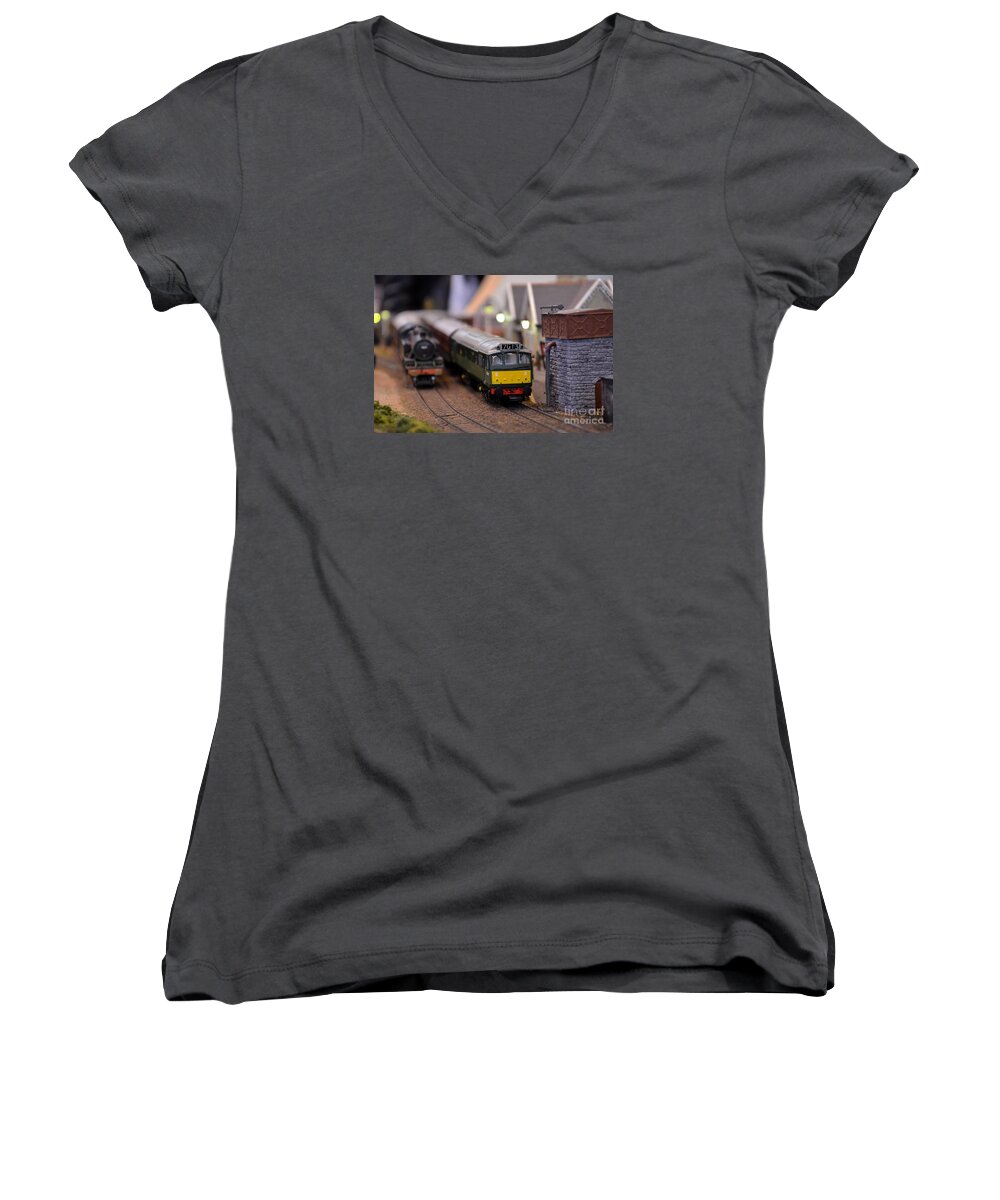 Model Women's V-Neck featuring the photograph Diesel electric model train railway engine by Imran Ahmed