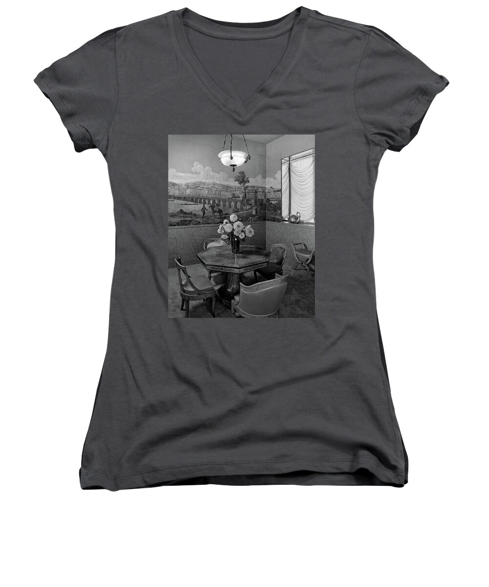 Architecture Women's V-Neck featuring the photograph Dining Room In Helena Rubinstein's Home by F. S. Lincoln