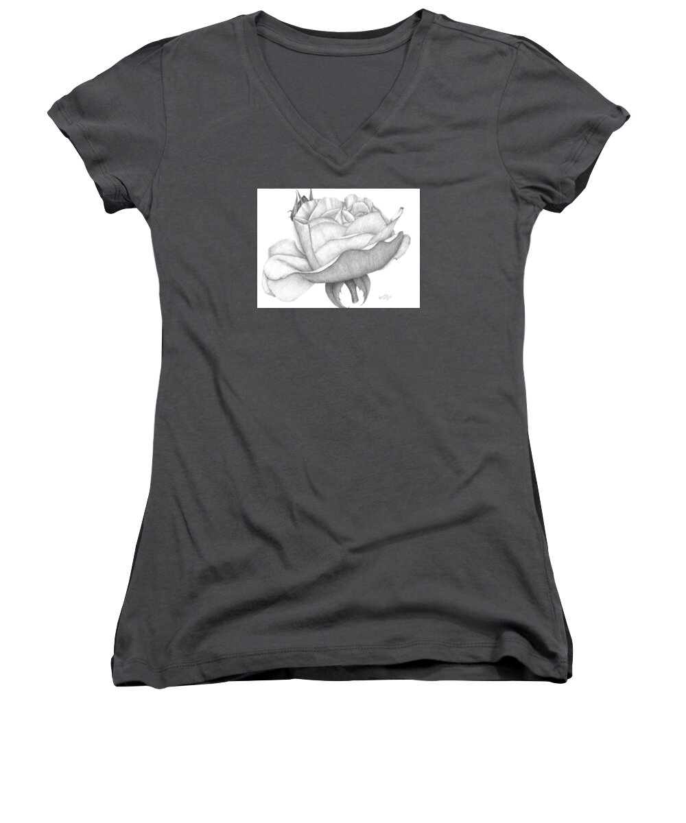 Rose Women's V-Neck featuring the drawing Distant Drum Rose Bloom by Patricia Hiltz