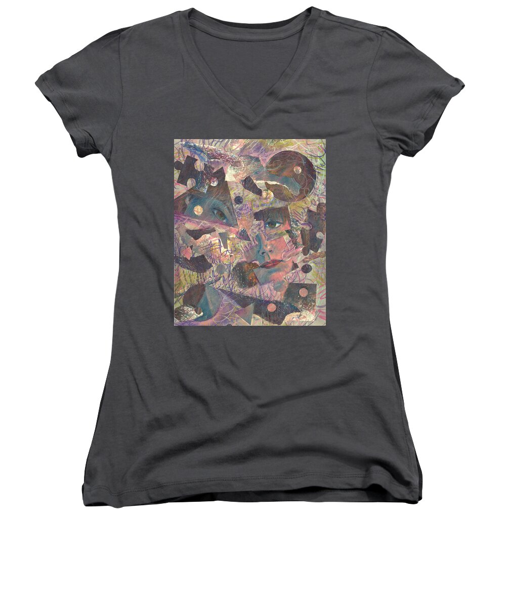 Portrait Women's V-Neck featuring the drawing Distraction a self portrait by Melinda Dare Benfield