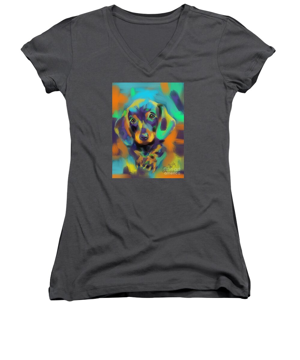 Dog Women's V-Neck featuring the painting Dog Bobby by Go Van Kampen