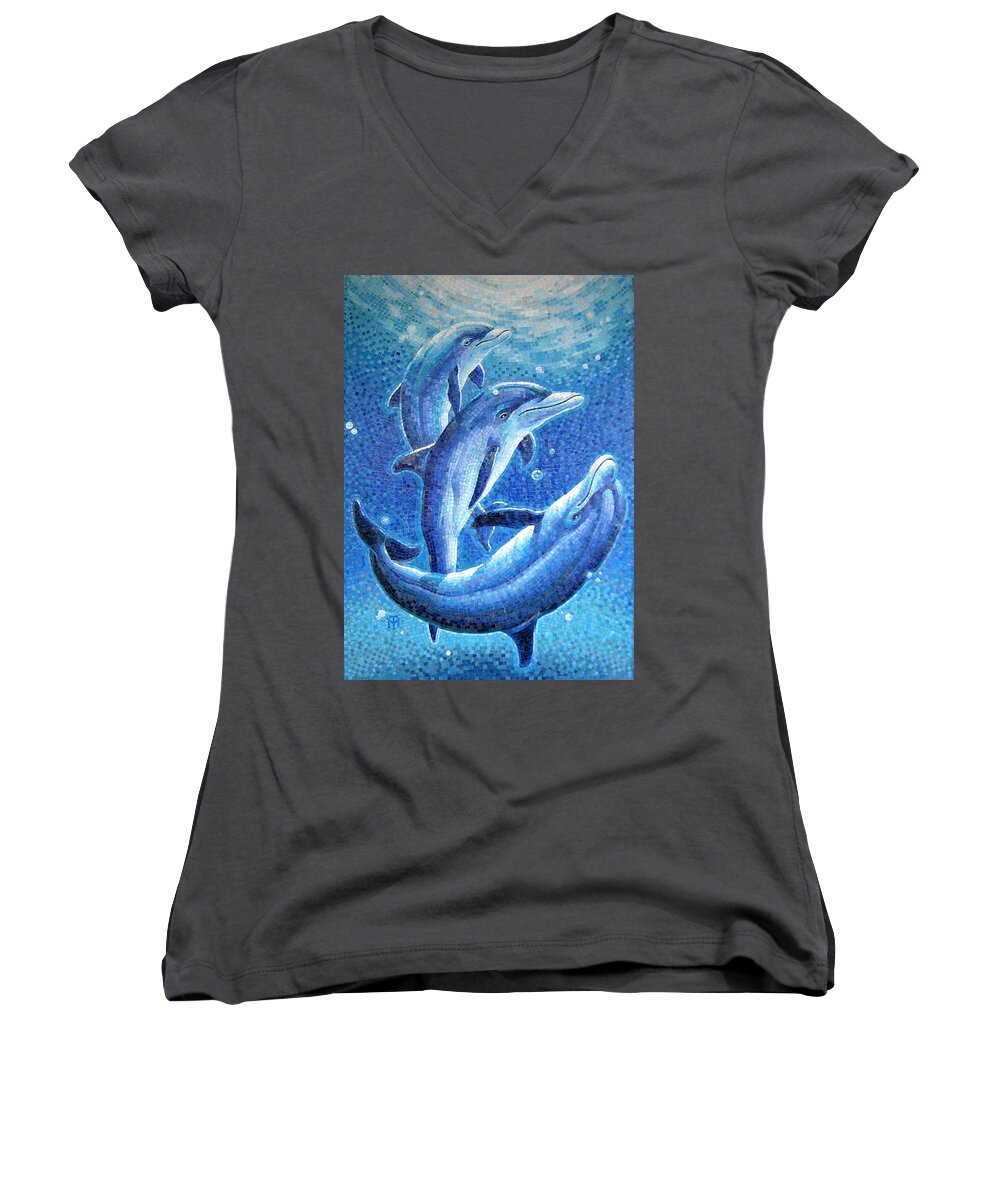 Playful Women's V-Neck featuring the painting Dolphin Trio by Mia Tavonatti