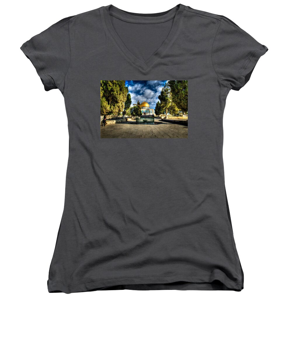 Dome Of The Rock Women's V-Neck featuring the photograph Dome of the Rock HDR by David Morefield