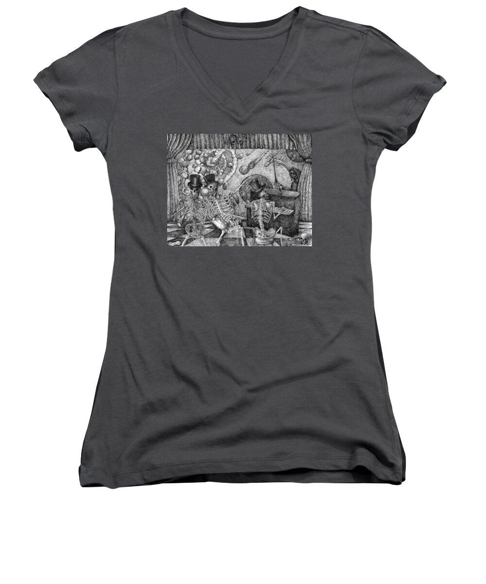 Skeleton Band Playing Women's V-Neck featuring the drawing Don't Worry Be Happy 2 by Gerry High