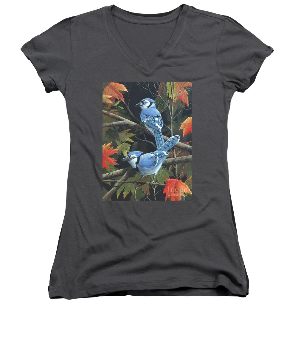 Jay Birds Women's V-Neck featuring the painting Double Trouble by Mike Brown