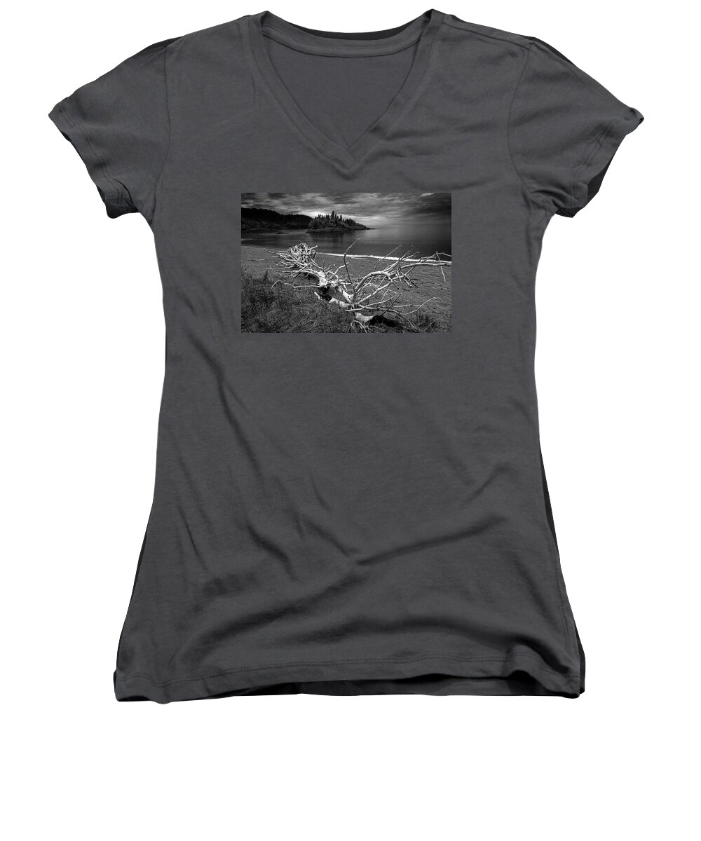 Art Women's V-Neck featuring the photograph Driftwood on the shore near WaWa Ontario Canada by Randall Nyhof