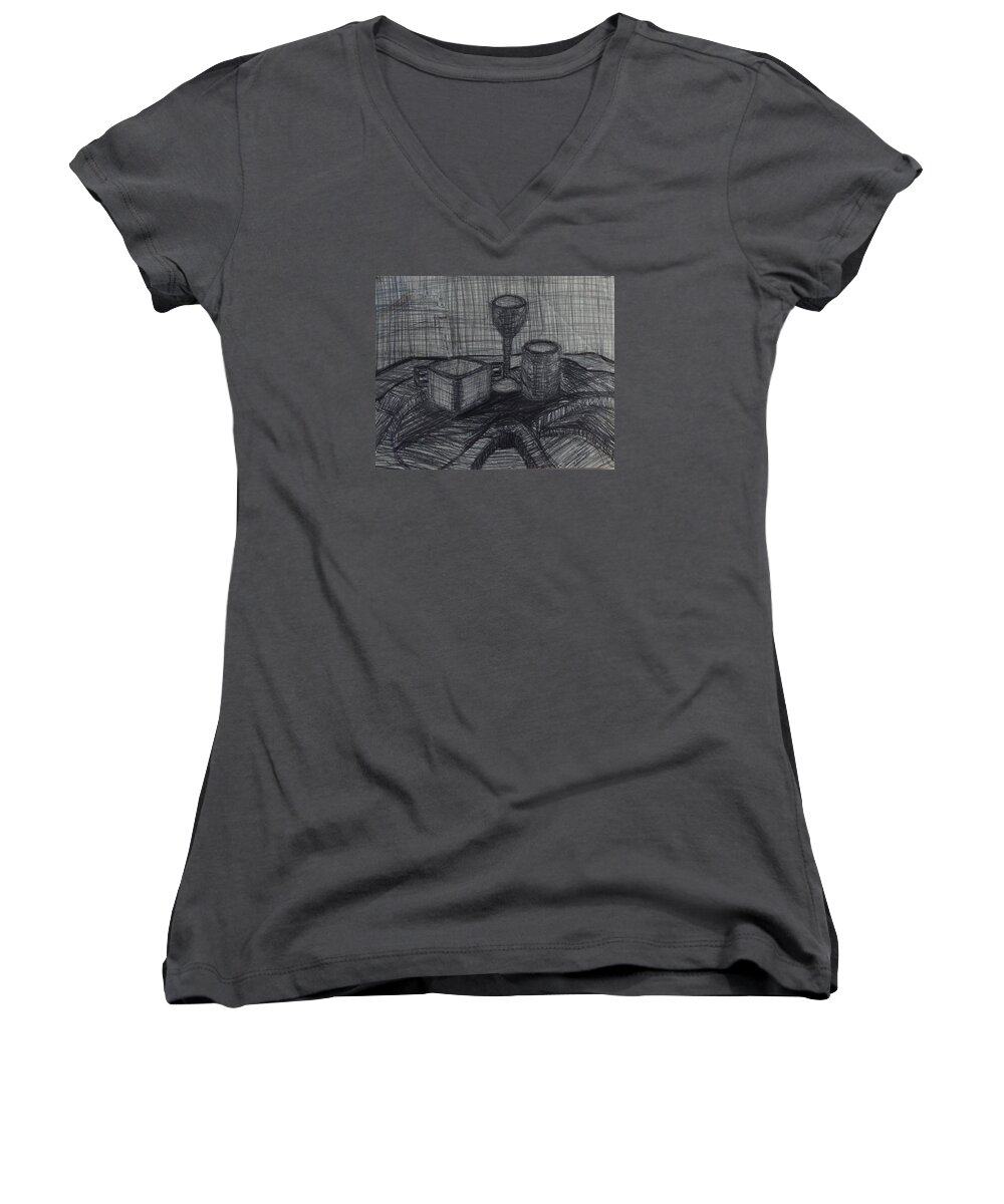 Cup Women's V-Neck featuring the drawing Drinks by Erika Jean Chamberlin