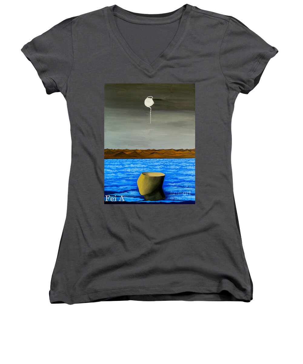 Surrealism Women's V-Neck featuring the painting Dry-land Culture by Fei A