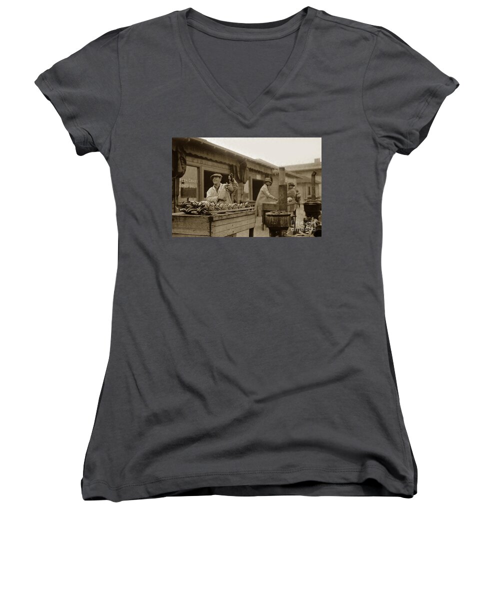 Dungeness Crab Women's V-Neck featuring the photograph Dungeness crabs at Fisherman's Wharf at San Francisco California. circa 1935 by Monterey County Historical Society