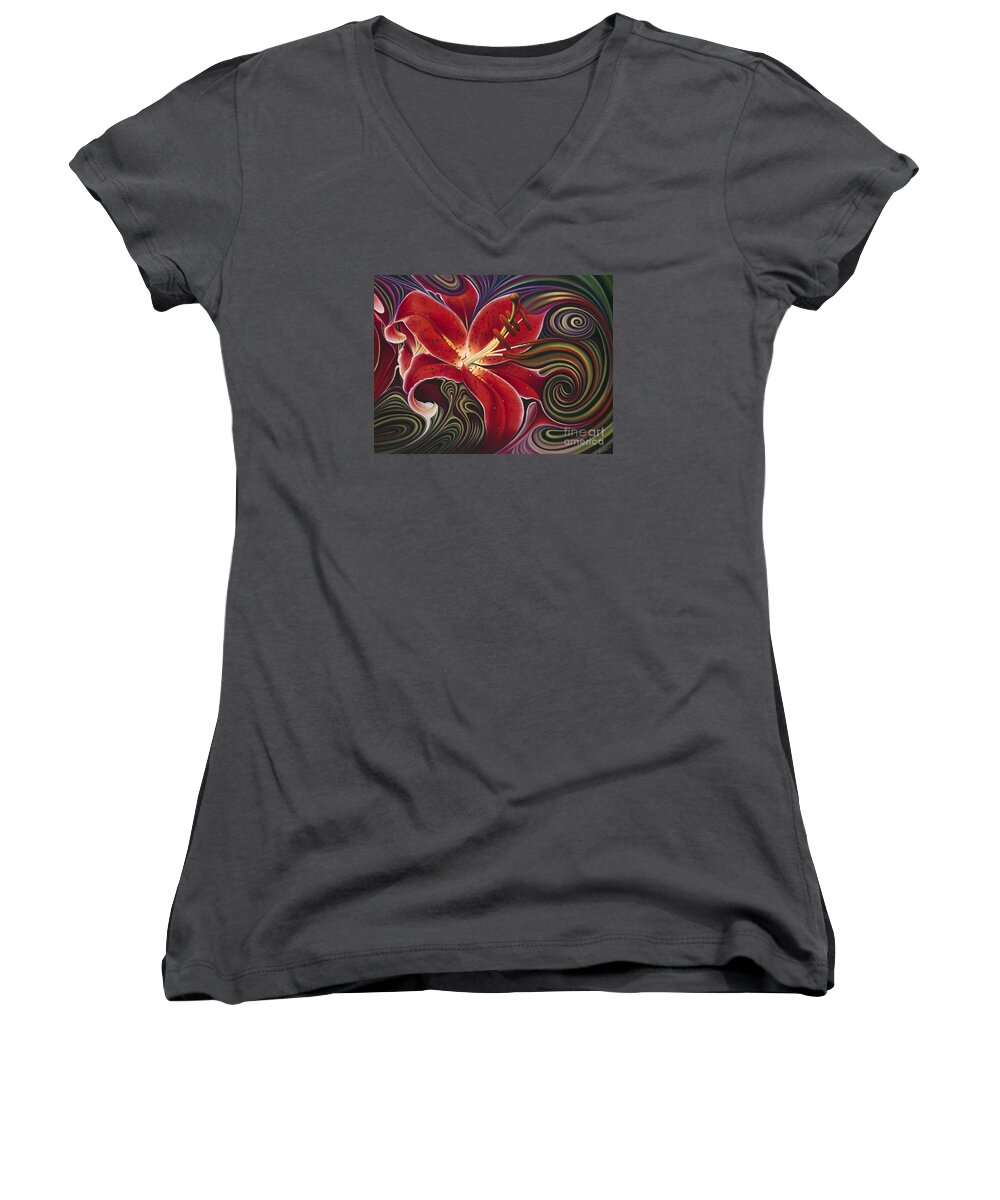 Lily Women's V-Neck featuring the painting Dynamic Reds by Ricardo Chavez-Mendez