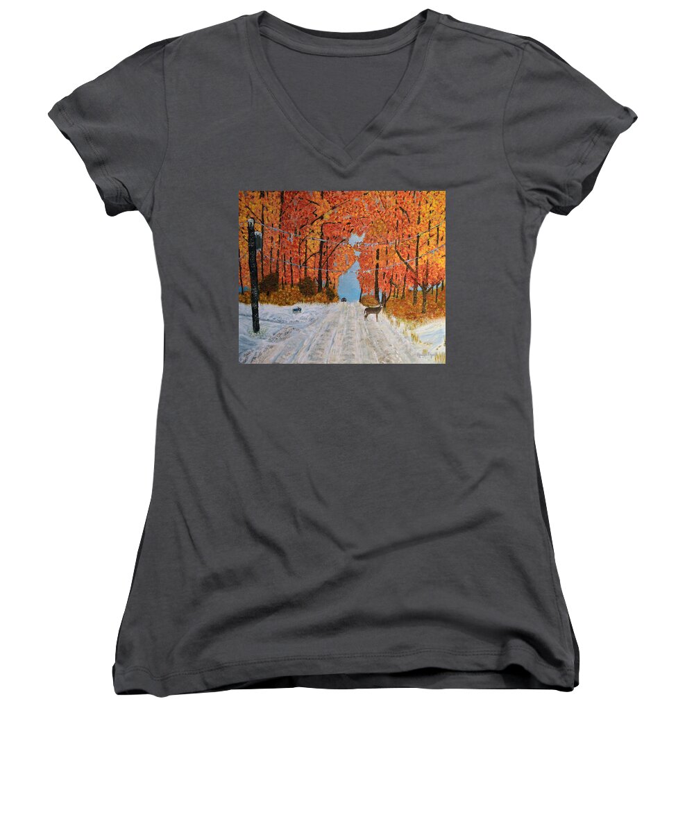Snow Women's V-Neck featuring the painting Early snow by Ken Figurski