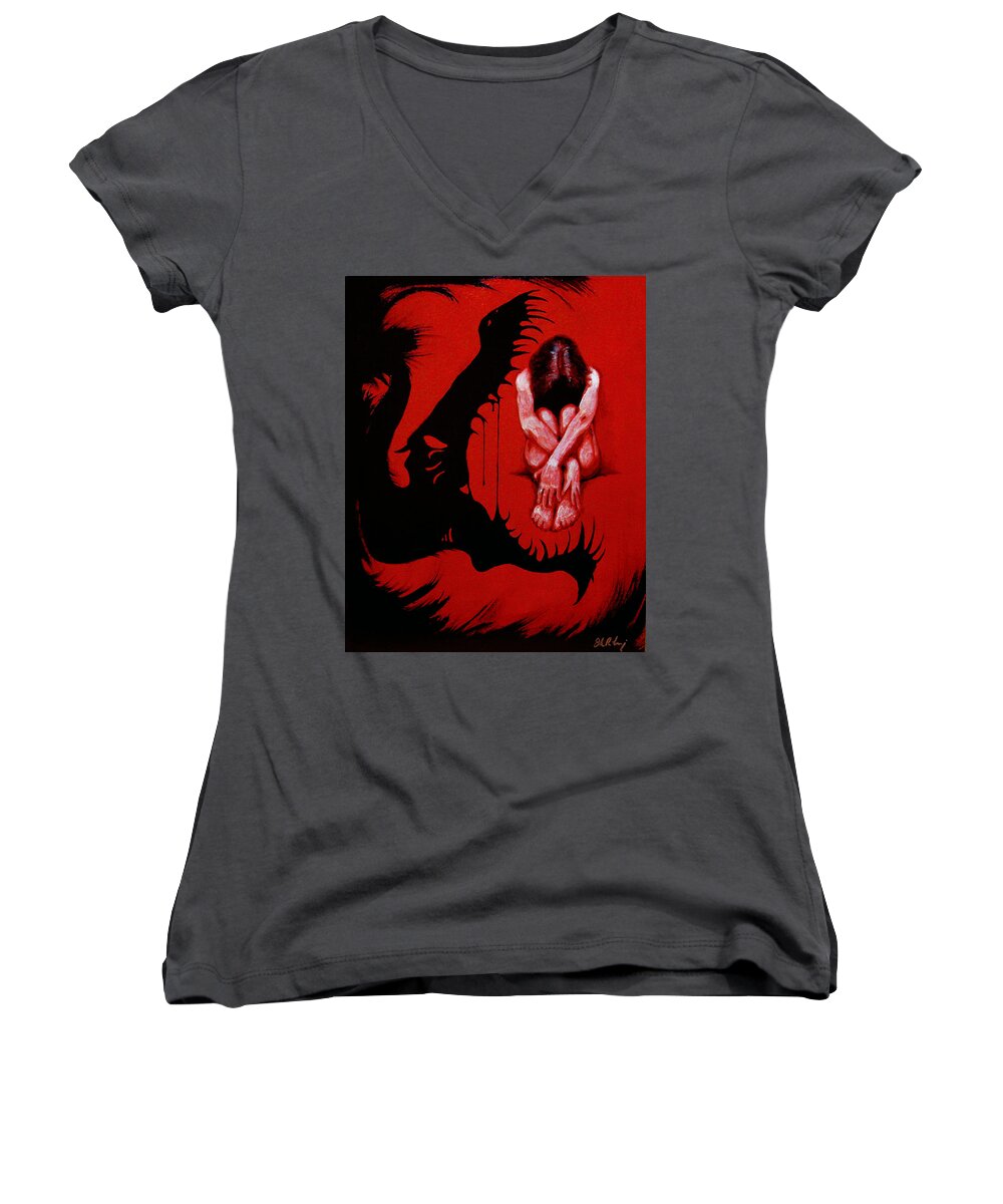 Woman Women's V-Neck featuring the painting Eater by Dale Loos Jr