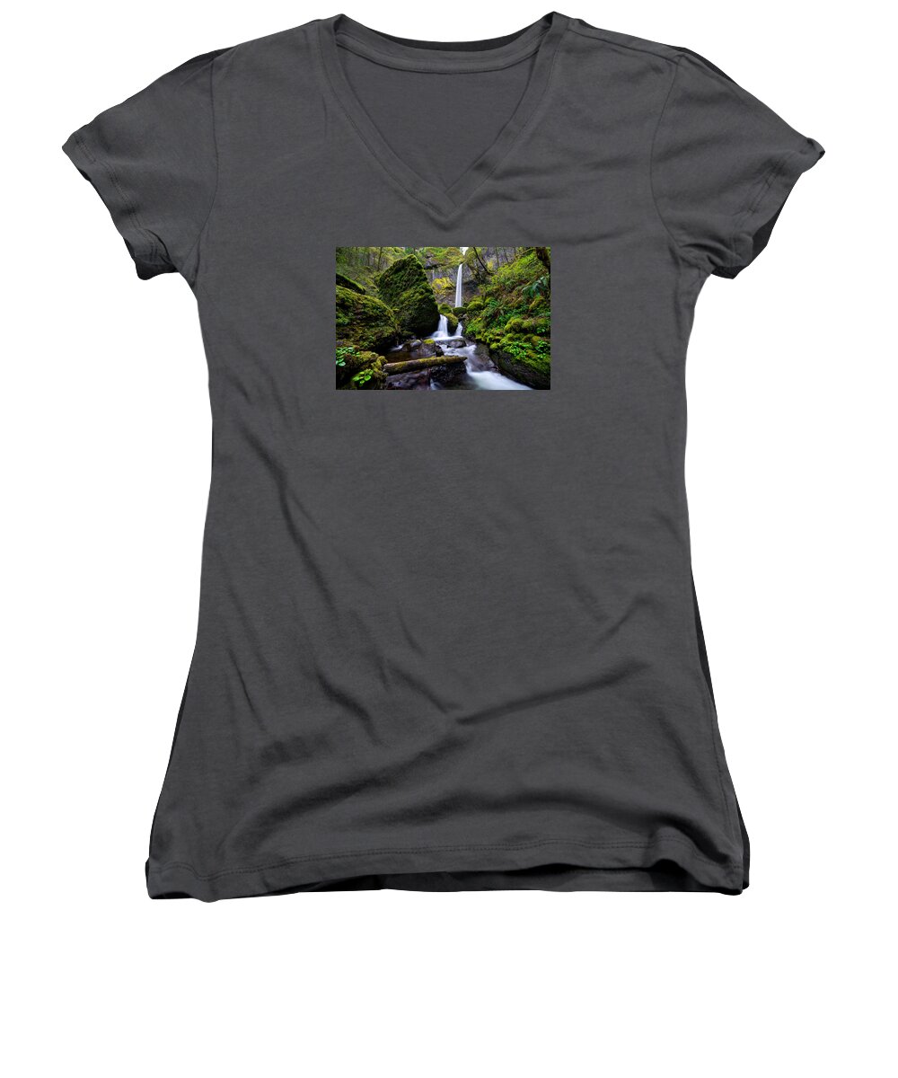 Waterfall Women's V-Neck featuring the photograph Elowah Falls by Dustin LeFevre