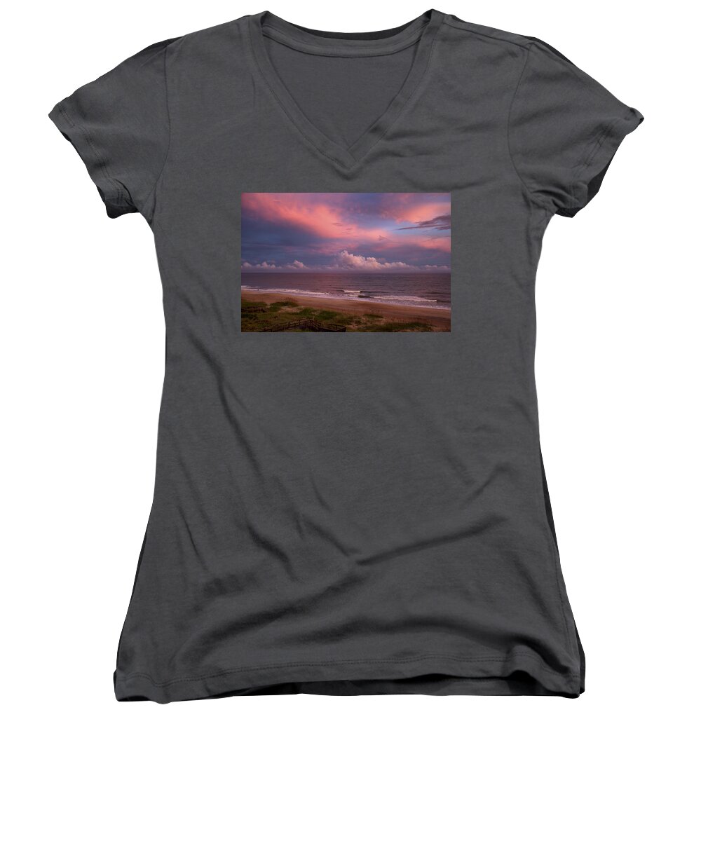 Sunset Women's V-Neck featuring the photograph Emerald Isle Sunset by Debby Richards