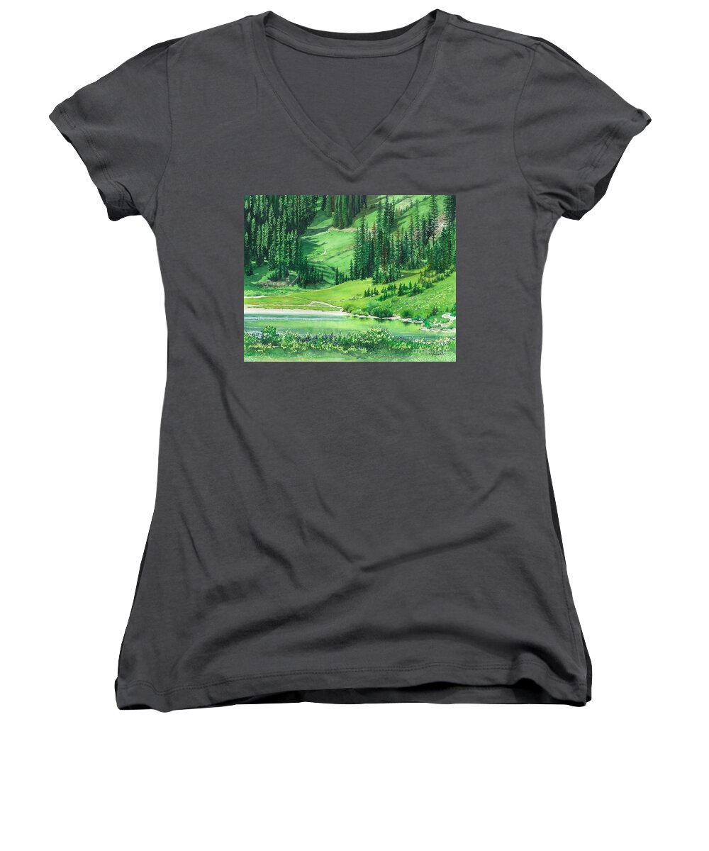 Water Color Trees Women's V-Neck featuring the painting Emerald Lake by Barbara Jewell