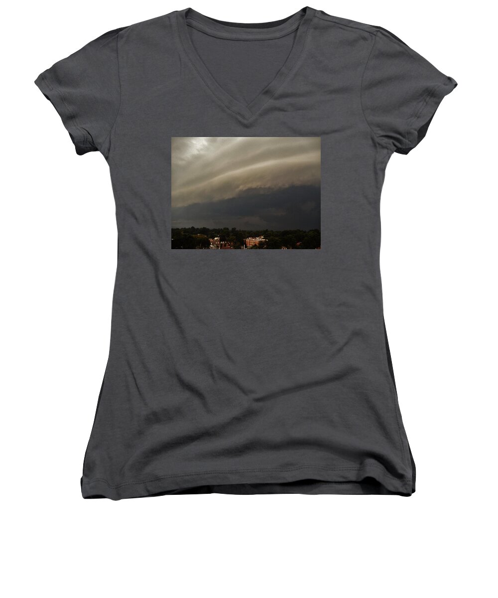 Storm Women's V-Neck featuring the photograph Encroaching Shelf Cloud by Ed Sweeney