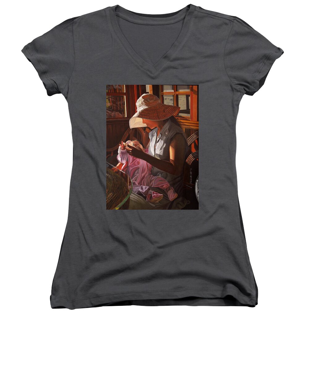 Children Paintings Women's V-Neck featuring the painting Enfamil at Ha Long Bay Vietnam by Thu Nguyen