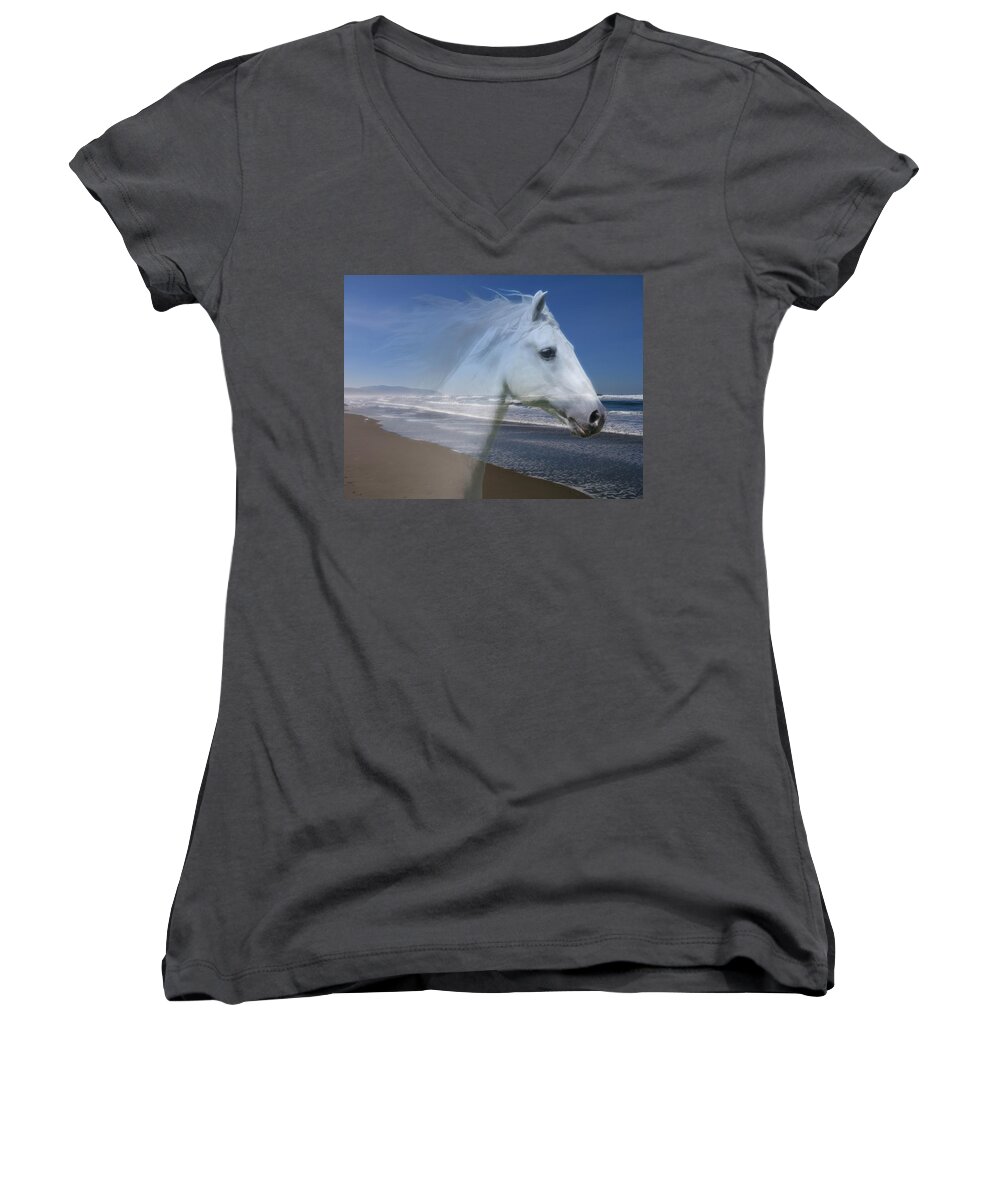 Horses Women's V-Neck featuring the photograph Equine Shores by Athena Mckinzie