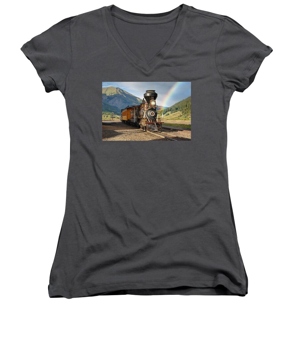 Steam Train Photographs Photographs Photographs Women's V-Neck featuring the photograph Eureka Rainbow by Ken Smith