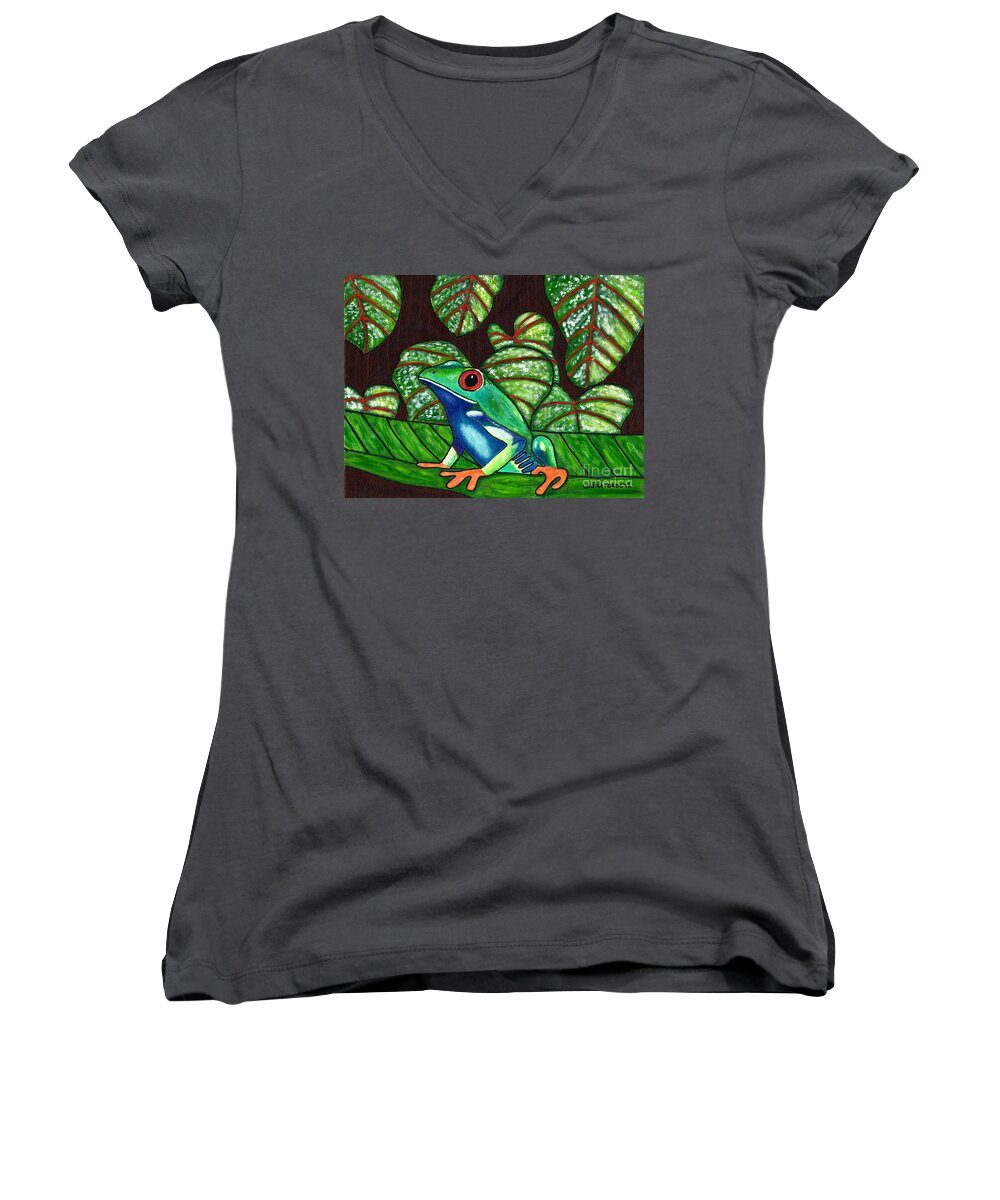Frog Women's V-Neck featuring the painting Eye on You by Laura Forde