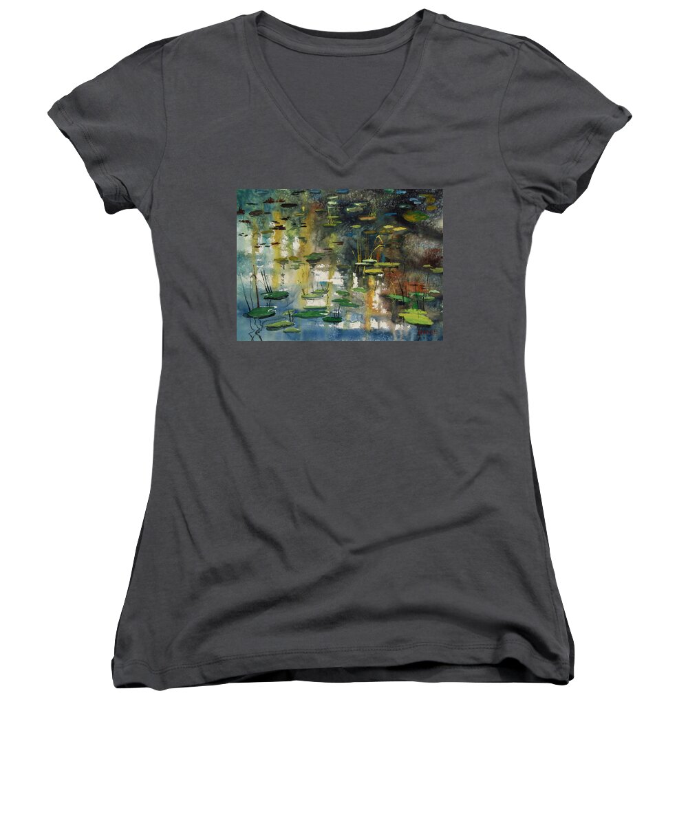 Watercolor Women's V-Neck featuring the painting Faces in the Pond by Ryan Radke