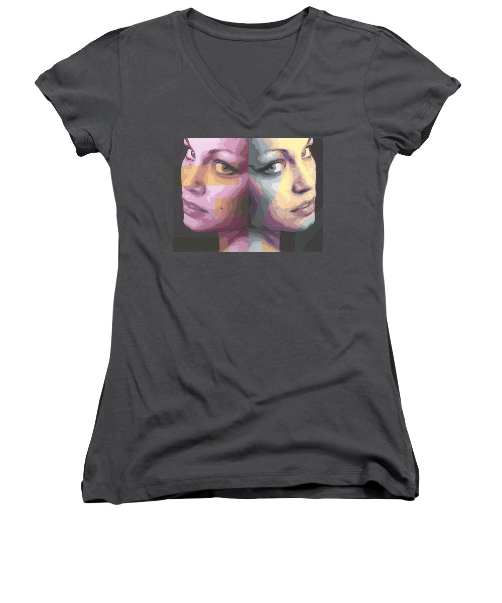 Faces Women's V-Neck featuring the painting Faces by Rachel Bochnia
