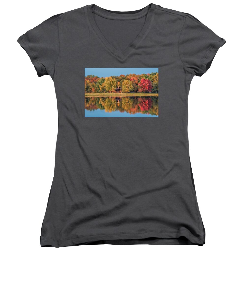 Picturesque Women's V-Neck featuring the photograph Fall Colors in Cabin Country by Paul Freidlund