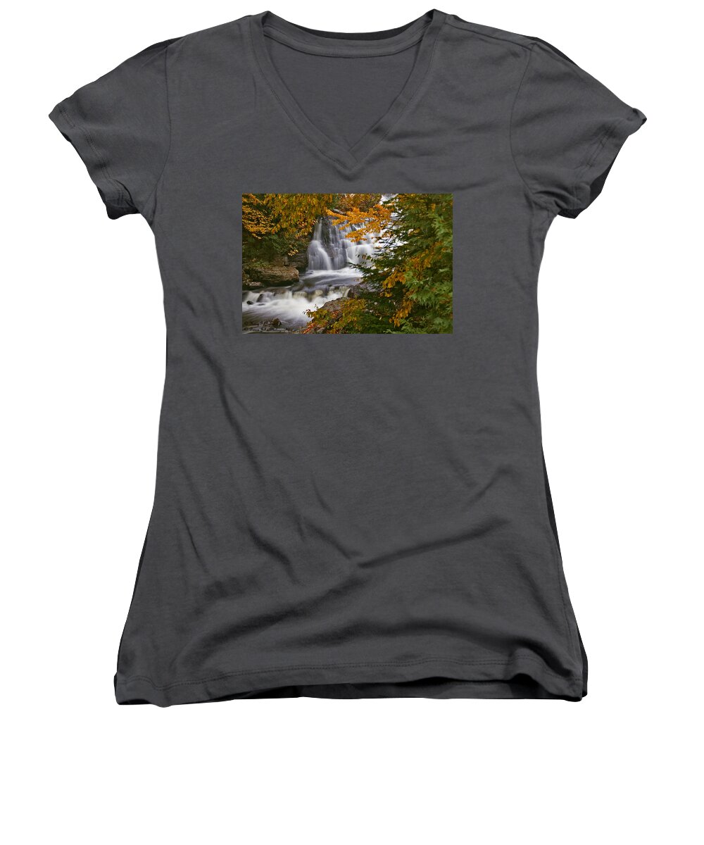 Waterfall Women's V-Neck featuring the photograph Fall In Fall - Chute Au Rats by Hany J