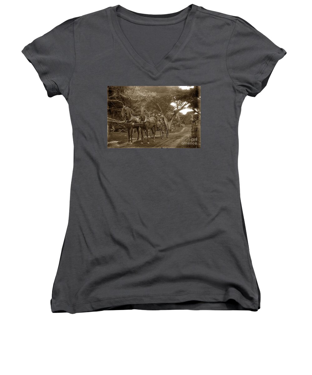 Family Women's V-Neck featuring the photograph Family out carriage ride on the 17 Mile Drive in Pebble Beach Circa 1895 by Monterey County Historical Society