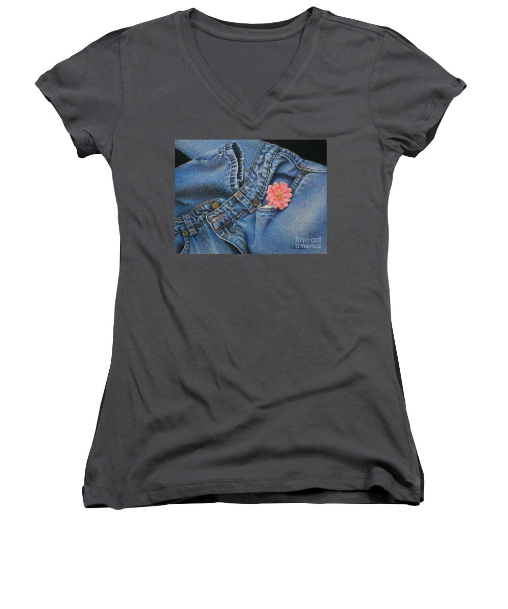 Drawings Women's V-Neck featuring the drawing Favorite Jeans by Pamela Clements