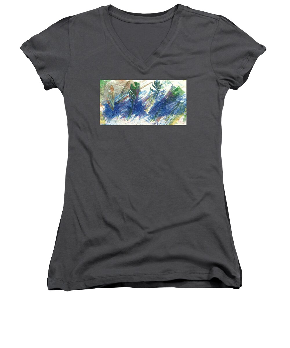 Nature Women's V-Neck featuring the painting Feather Dance by Sherry Harradence