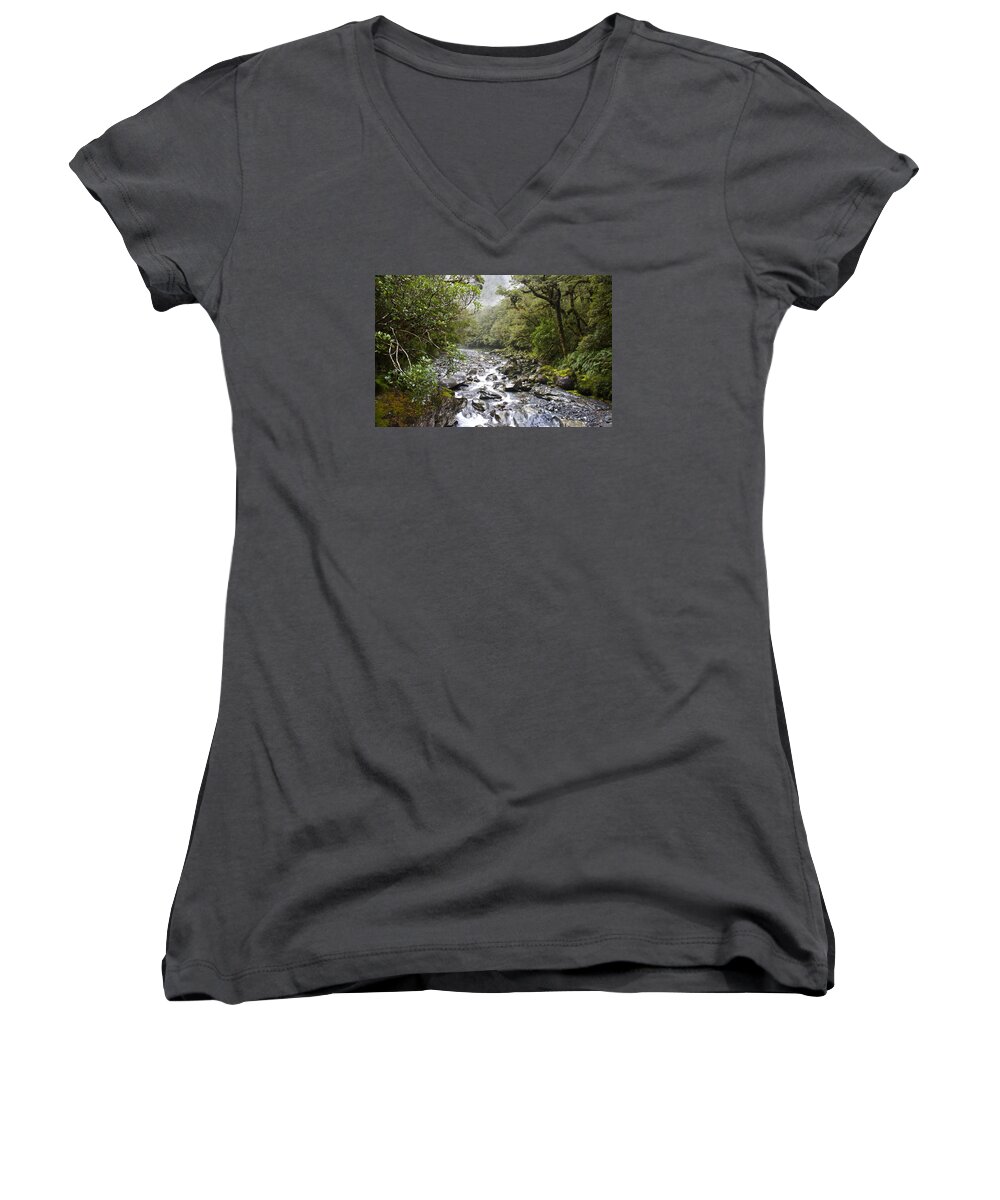 Country Scene Women's V-Neck featuring the photograph Fiordland National Park New Zealand by Venetia Featherstone-Witty