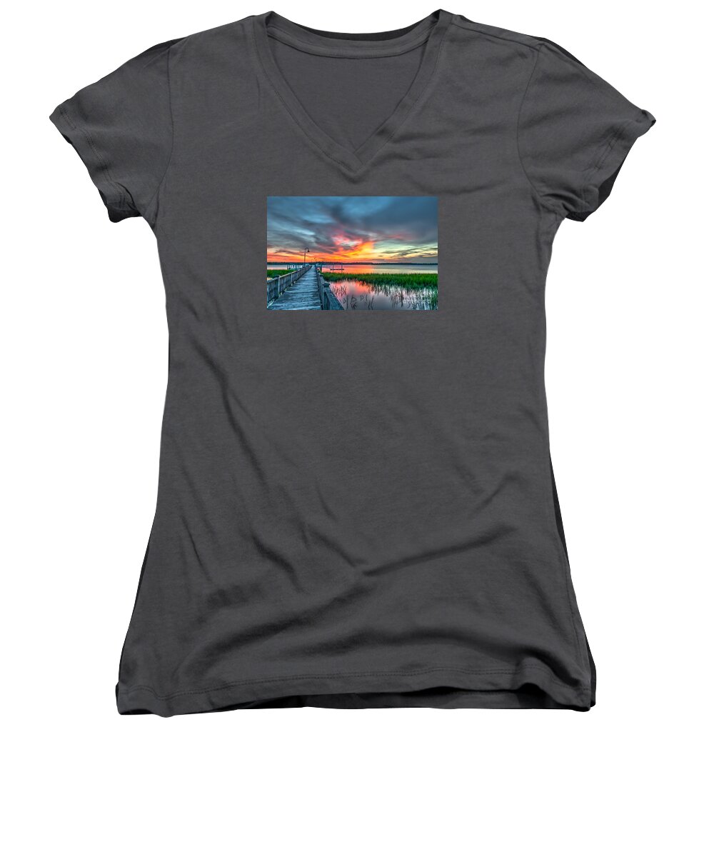 Sunset Women's V-Neck featuring the photograph Fire Light by Dale Powell
