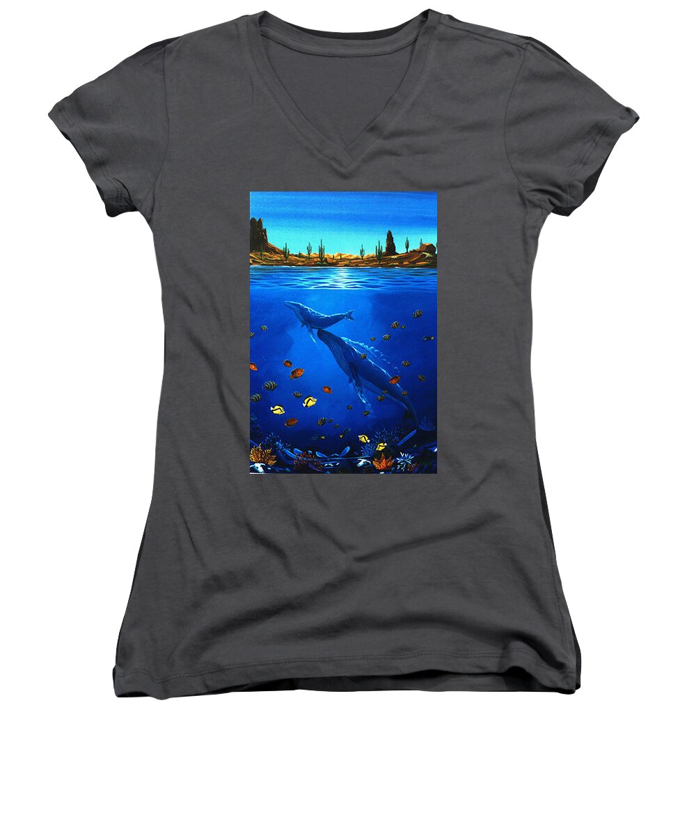 Whales Women's V-Neck featuring the painting First Breath by Lance Headlee