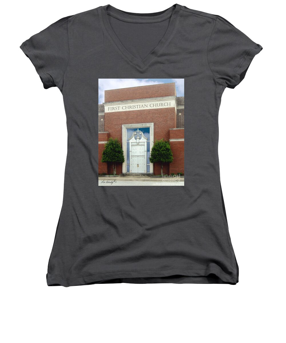 Historic Churches Women's V-Neck featuring the photograph First Christian Church by Lee Owenby