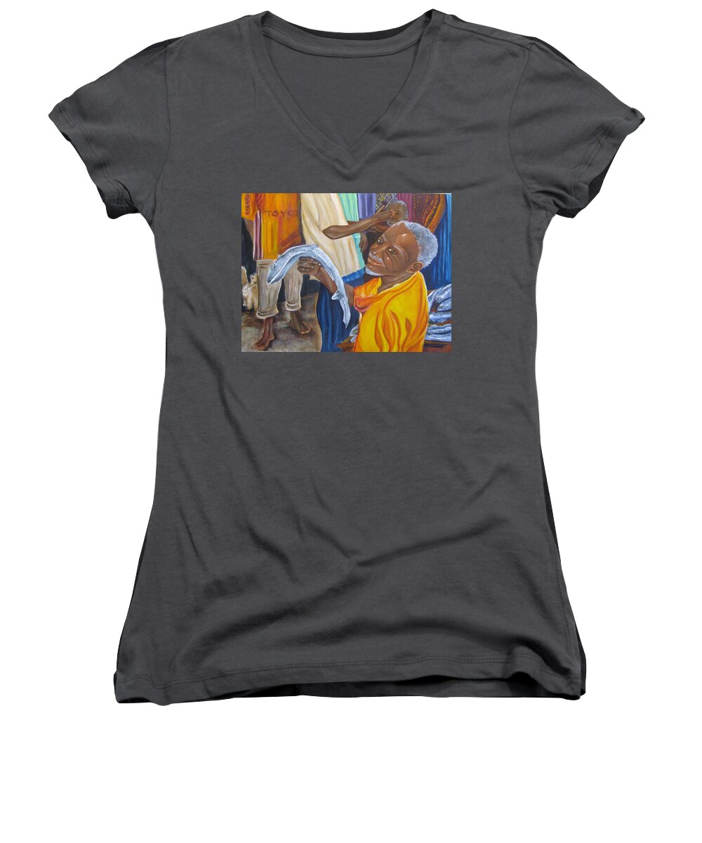 Fish Women's V-Neck featuring the painting Fish Market by Carol Allen Anfinsen