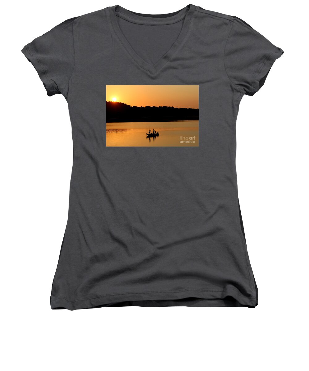 Fishing Women's V-Neck featuring the photograph Fishing Silhouette by Kathy White