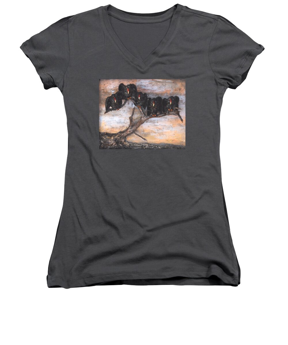 Vulture Women's V-Neck featuring the painting Five Vultures in Tree by R Allen Swezey