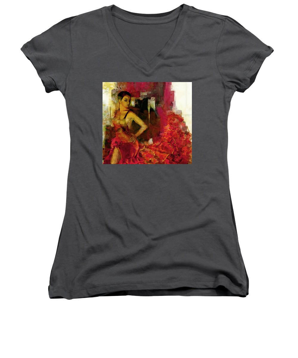 Jazz Women's V-Neck featuring the painting Flamenco Dancer 024 by Catf