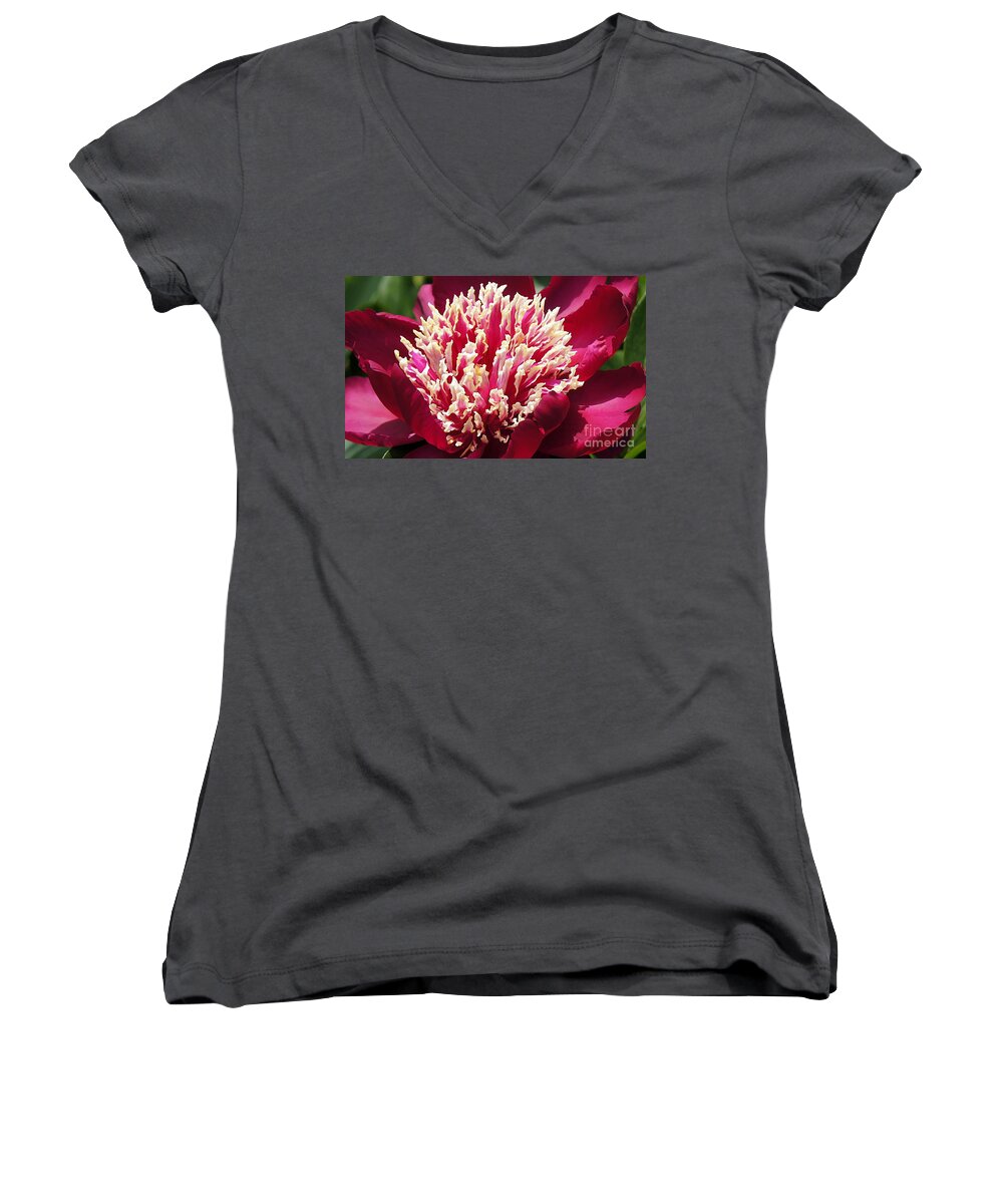 Red Women's V-Neck featuring the photograph Flaming Peony by Lilliana Mendez