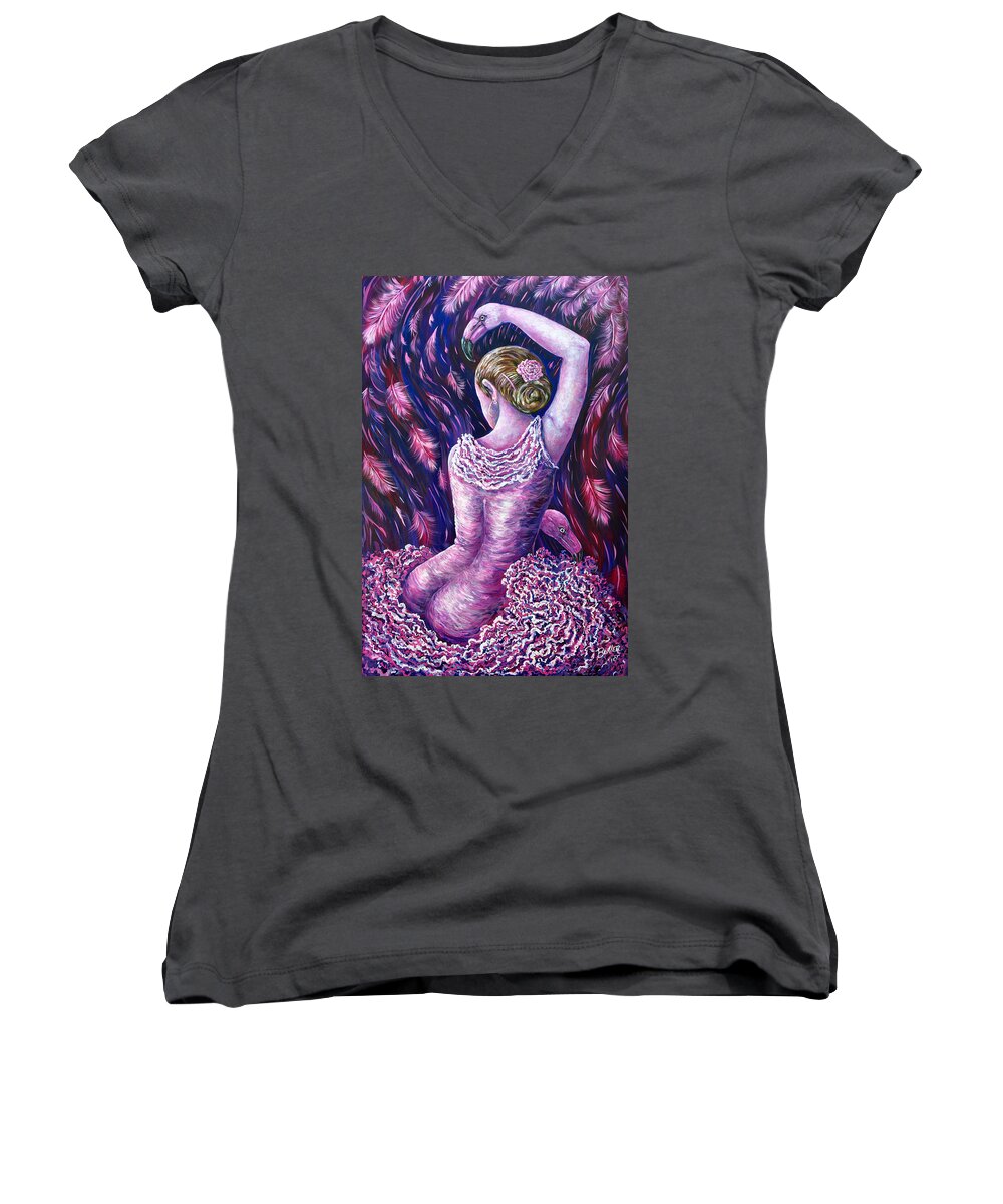 Flamingo Women's V-Neck featuring the painting Flamingo Dancer by Gail Butler