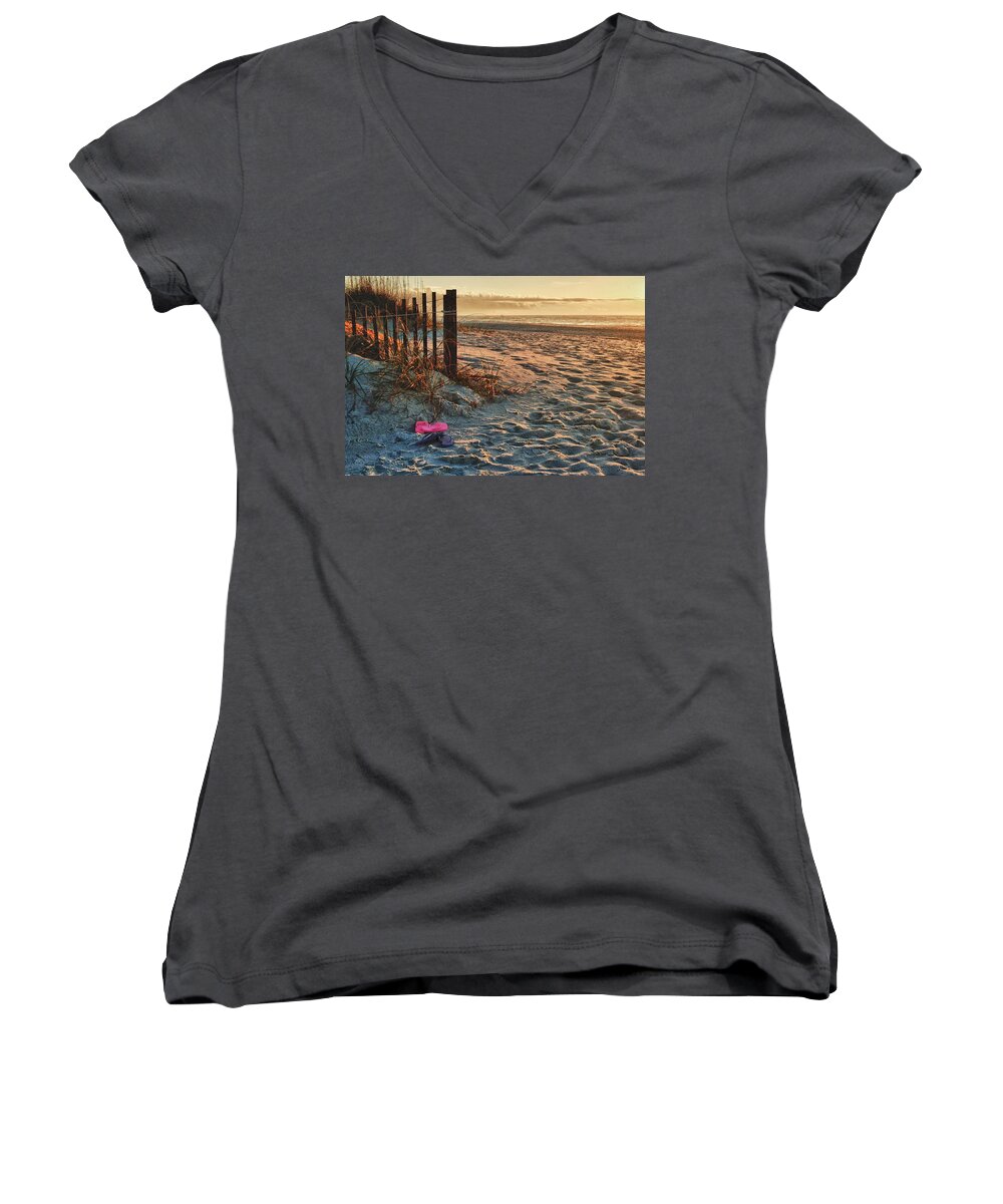 Alabama Women's V-Neck featuring the digital art Flip Flops by Fence with Sunrise by Michael Thomas