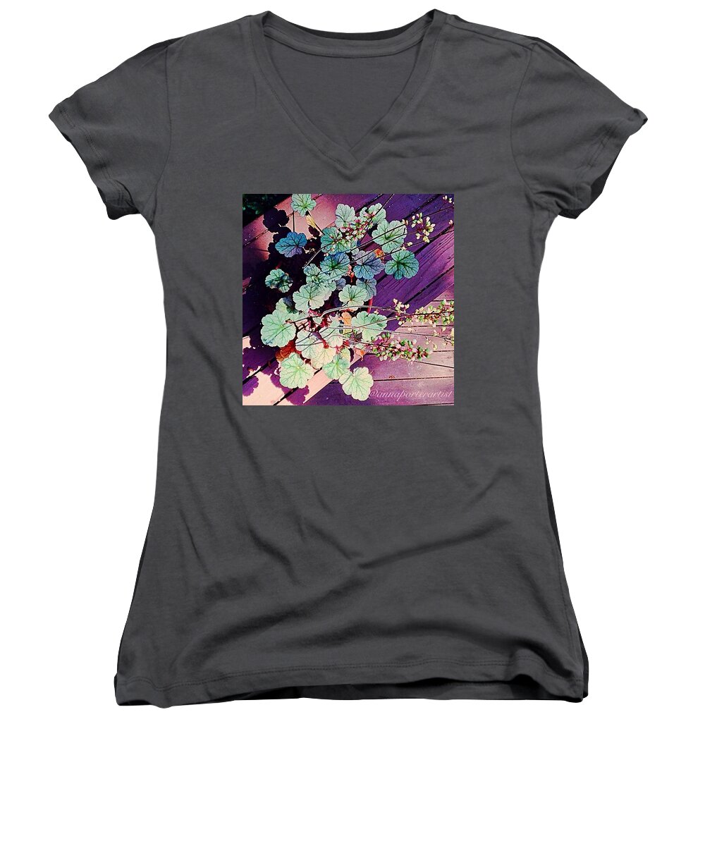 Annasgardens Women's V-Neck featuring the photograph Flowering Sweet Potato Plant Edited by Anna Porter