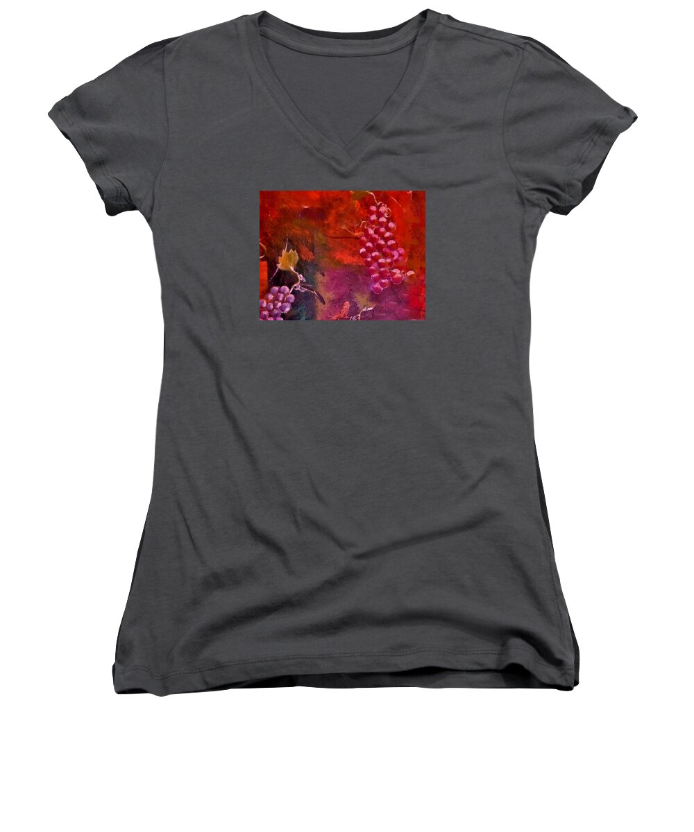 Grapes Women's V-Neck featuring the painting Flying Grapes by Lisa Kaiser