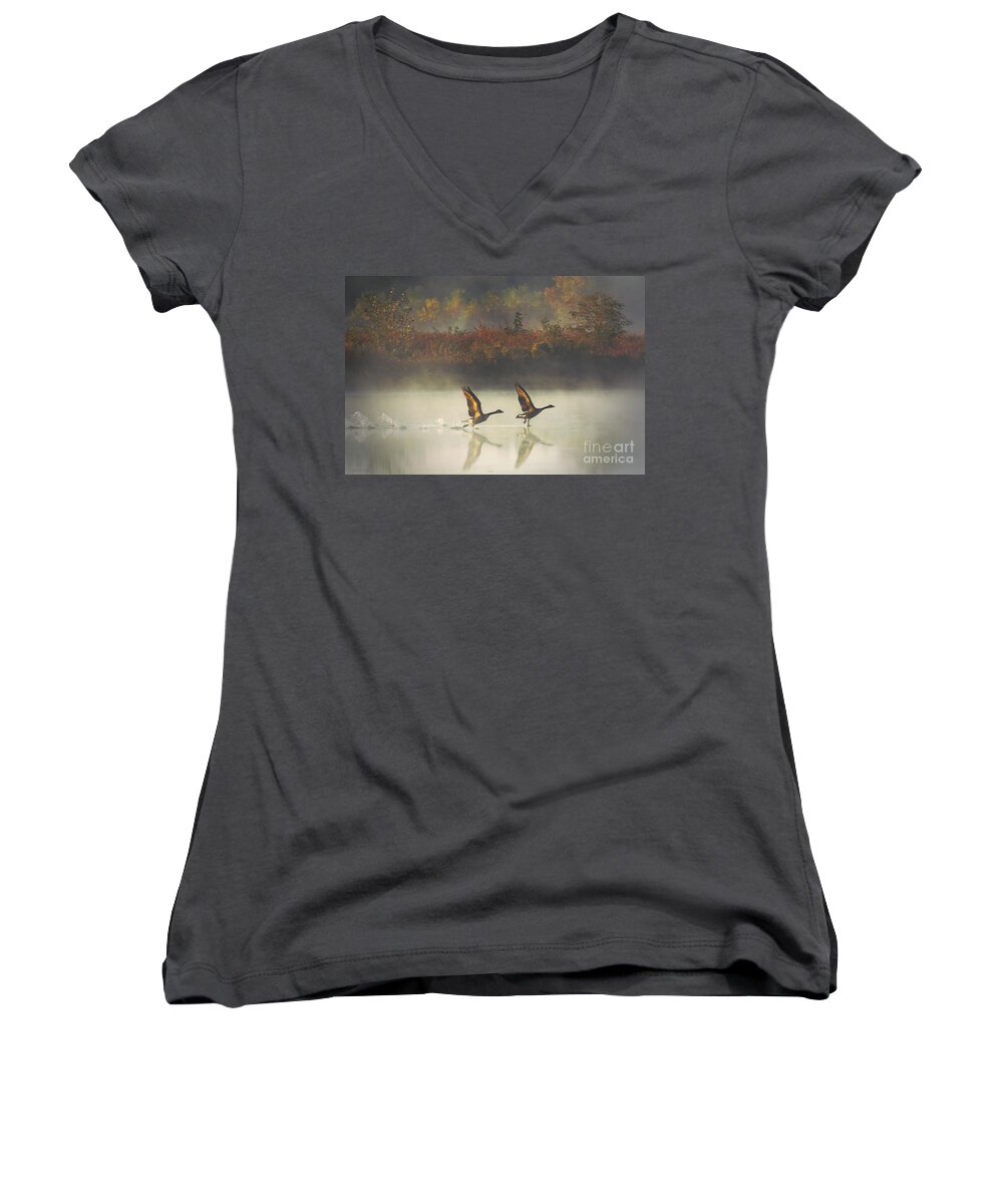 Canada Geese Women's V-Neck featuring the photograph Foggy Autumn Morning by Elizabeth Winter